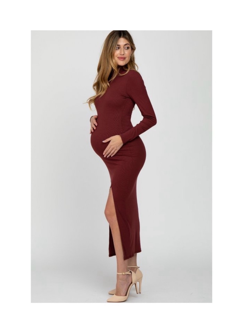 Pinkblush Long Sleeve Burgundy Maternity Maxi Dress with Side Slit